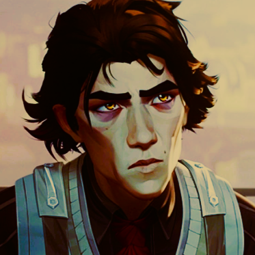 A screenshot of Viktor from Arcane, a thin and pale man with sharp cheekbones, medium-length brown hair, amber eyes, and a sickly appearance